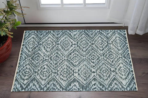 2' X 3' Gray and Blue Wool Southwestern Hand Knotted Area Rug