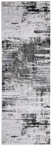 8' Gray Ivory and Taupe Abstract Power Loom Worn Faded Runner Rug