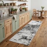 8' Gray Ivory and Taupe Abstract Power Loom Worn Faded Runner Rug