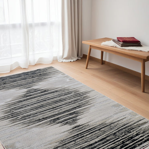 5' X 8' Black Silver And Taupe Geometric Area Rug