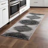8' Black Silver And Taupe Geometric Runner Rug