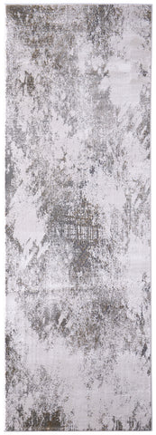 8' Gray and Silver Abstract Power Loom Worn Faded Runner Rug