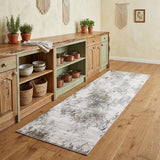 8' Gray and Silver Abstract Power Loom Worn Faded Runner Rug