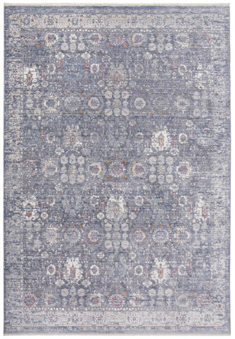 3' X 5' Gray and Blue Floral Power Loom Worn Faded Area Rug With Fringe