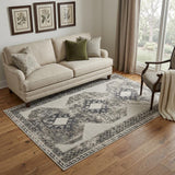 5' X 8' Gray and Ivory Abstract Power Loom Worn Faded Area Rug