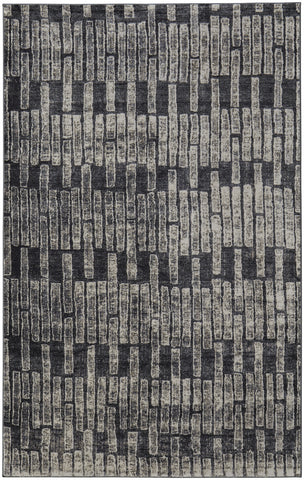 5' X 8' Gray and Black Geometric Power Loom Worn Faded Area Rug