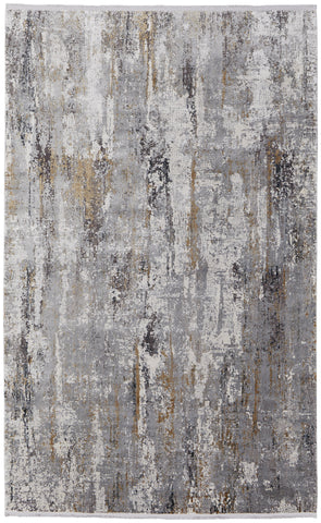 3' X 5' Gray Ivory and Gold Abstract Power Loom Area Rug With Fringe