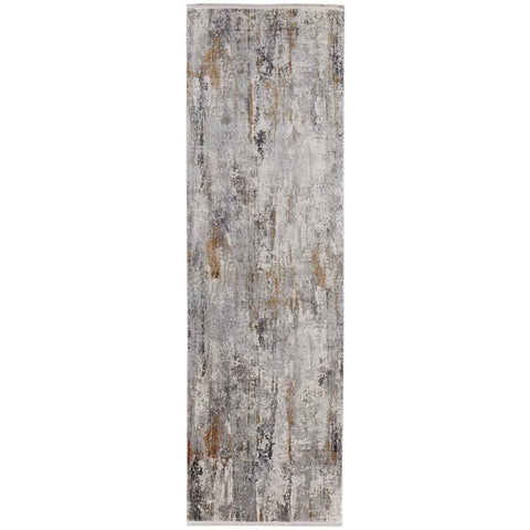 10' Gray Ivory and Gold Abstract Power Loom Runner Rug With Fringe
