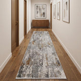 10' Gray Ivory and Gold Abstract Power Loom Runner Rug With Fringe