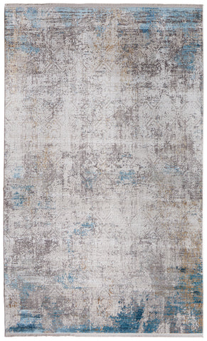 3' X 5' Ivory Gray and Blue Abstract Power Loom Area Rug With Fringe