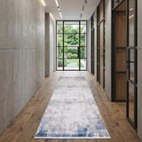 10' Ivory Gray and Blue Abstract Power Loom Runner Rug With Fringe