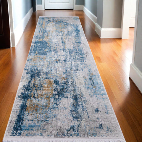 10' Blue Gold and Gray Abstract Power Loom Runner Rug With Fringe