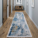 10' Blue Gold and Gray Abstract Power Loom Runner Rug With Fringe