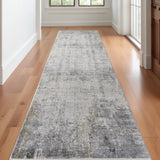 10' Ivory Taupe and Gray Abstract Power Loom Distressed Runner Rug With Fringe