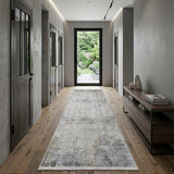 10' Ivory Taupe and Gray Abstract Power Loom Distressed Runner Rug With Fringe