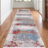 10' Gray Blue and Red Abstract Power Loom Runner Rug With Fringe