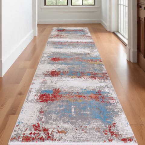 10' Gray Blue and Red Abstract Power Loom Runner Rug With Fringe