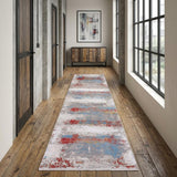 10' Gray Blue and Red Abstract Power Loom Runner Rug With Fringe