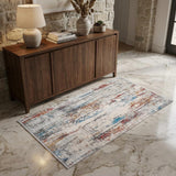 3' X 5' Gray Blue and Red Abstract Power Loom Area Rug With Fringe