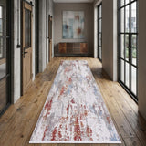 10' Gray Blue and Red Abstract Power Loom Runner Rug With Fringe