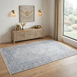 4' X 6' Gray Blue and Ivory Oriental Hand Woven Distressed Area Rug With Fringe