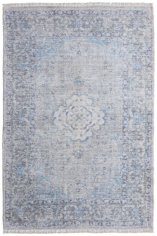 5' X 8' Gray Blue and Ivory Oriental Hand Woven Distressed Area Rug With Fringe