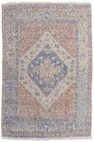 4' X 6' Red Blue and Ivory Abstract Hand Woven Distressed Area Rug With Fringe