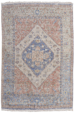 4' X 6' Red Blue and Ivory Abstract Hand Woven Distressed Area Rug With Fringe