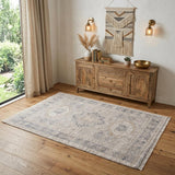 4' X 6' Tan and Gray Oriental Hand Woven Distressed Area Rug With Fringe