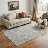5' X 8' Gray Blue and Taupe Oriental Hand Woven Distressed Area Rug With Fringe