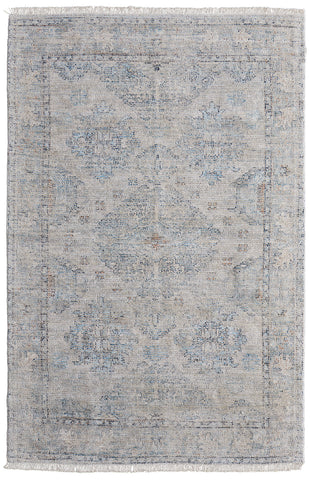 5' X 8' Gray Blue and Taupe Oriental Hand Woven Distressed Area Rug With Fringe