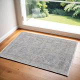 2' X 3' Gray Blue and Taupe Oriental Hand Woven Distressed Area Rug With Fringe