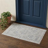 2' X 3' Gray Blue and Taupe Oriental Hand Woven Distressed Area Rug With Fringe