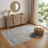 4' X 6' Gray Blue and Tan Abstract Hand Woven Distressed Area Rug With Fringe