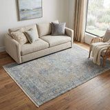 5' X 8' Gray Blue and Tan Abstract Hand Woven Distressed Area Rug With Fringe