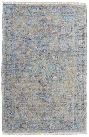 5' X 8' Gray Blue and Tan Abstract Hand Woven Distressed Area Rug With Fringe