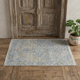 2' X 3' Gray Blue and Tan Abstract Hand Woven Distressed Area Rug With Fringe