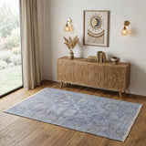 4' X 6' Blue and Ivory Abstract Hand Woven Distressed Area Rug With Fringe