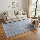 5' X 8' Blue and Ivory Abstract Hand Woven Distressed Area Rug With Fringe