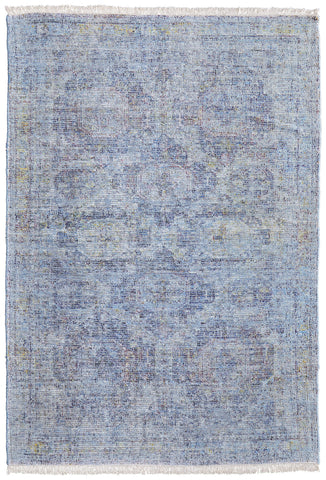 5' X 8' Blue and Ivory Abstract Hand Woven Distressed Area Rug With Fringe