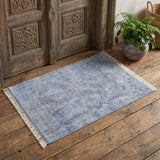 2' X 3' Blue and Ivory Abstract Hand Woven Distressed Area Rug With Fringe