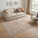 5' X 8' Tan Orange and Ivory Oriental Hand Woven Distressed Area Rug With Fringe