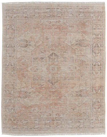 2' X 3' Tan Orange and Ivory Oriental Hand Woven Distressed Area Rug With Fringe