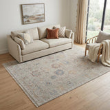 5' X 8' Tan Brown and Blue Floral Hand Woven Distressed Area Rug With Fringe