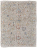 5' X 8' Tan Brown and Blue Floral Hand Woven Distressed Area Rug With Fringe