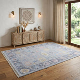 4' X 6' Orange Blue and Gold Floral Hand Woven Distressed Area Rug With Fringe