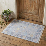2' X 3' Orange Blue and Gold Floral Hand Woven Distressed Area Rug With Fringe