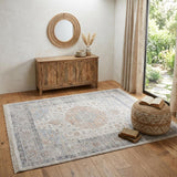 4' X 6' Ivory Blue and Orange Oriental Hand Woven Distressed Area Rug With Fringe