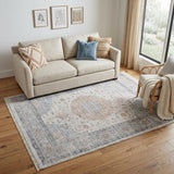 5' X 8' Ivory Blue and Orange Oriental Hand Woven Distressed Area Rug With Fringe