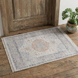 2' X 3' Ivory Blue and Orange Oriental Hand Woven Distressed Area Rug With Fringe